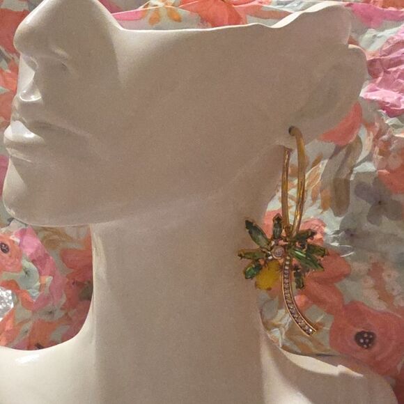 New Betesy Johnson Gold and Green Tropical Coconut Tree Crystal Hoop Earrings - Picture 2 of 8